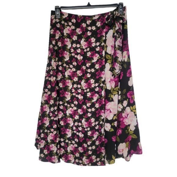✨Size 10 Women's Midi Skirt Calvin Klein Faux Wrap Floral Black Pink A-Line New✨ - Picture 2 of 8